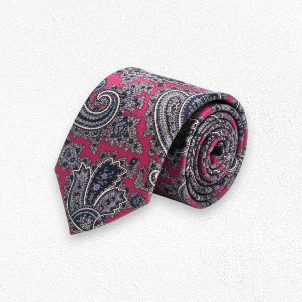 Vintage 80s Red Paisley Damask Silk Tie Hand Sewn USA Made Italy Fabric